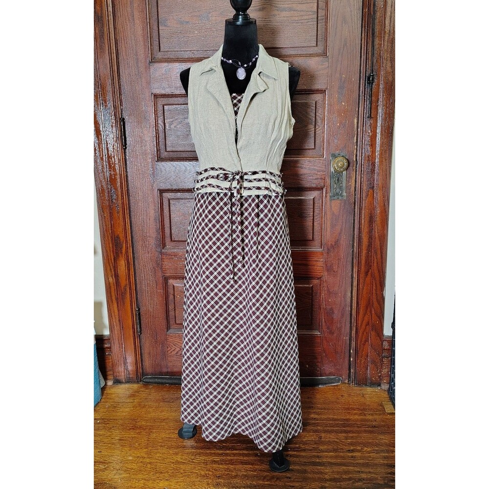 VTG Teacher 2pc Maxi Dress & Tan Vest Bodice Plaid Burgundy Church Dress Sz 11